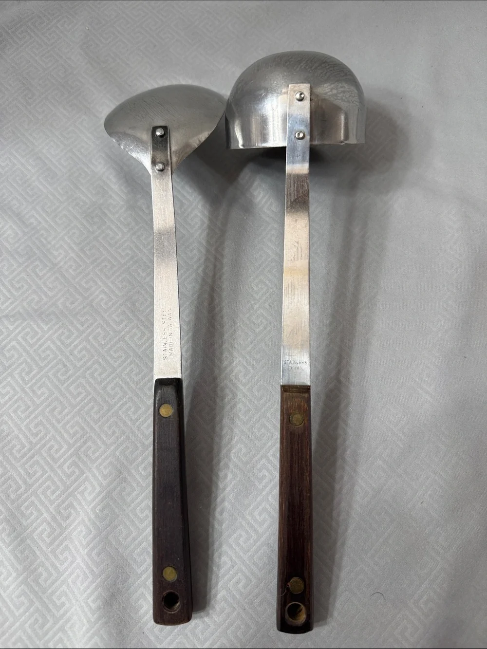 Vintage Mid Century Stainless Soup Ladle & Serving Spoon Wood Handle Taiwan 2 Pc